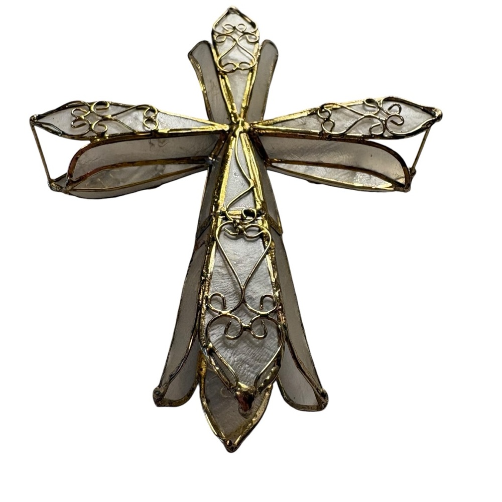 Iridescent Capiz Shell 3D Cross with Gold Filagree Christmas Decor - Picture 5 of 7